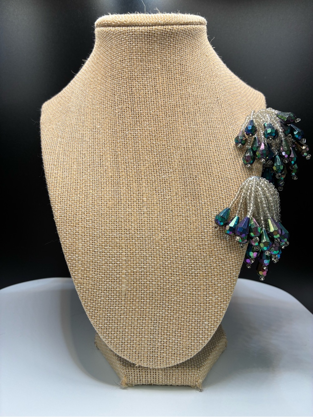 Vintage Iridescent Teal and Silver Tassel Clip-On Earrings